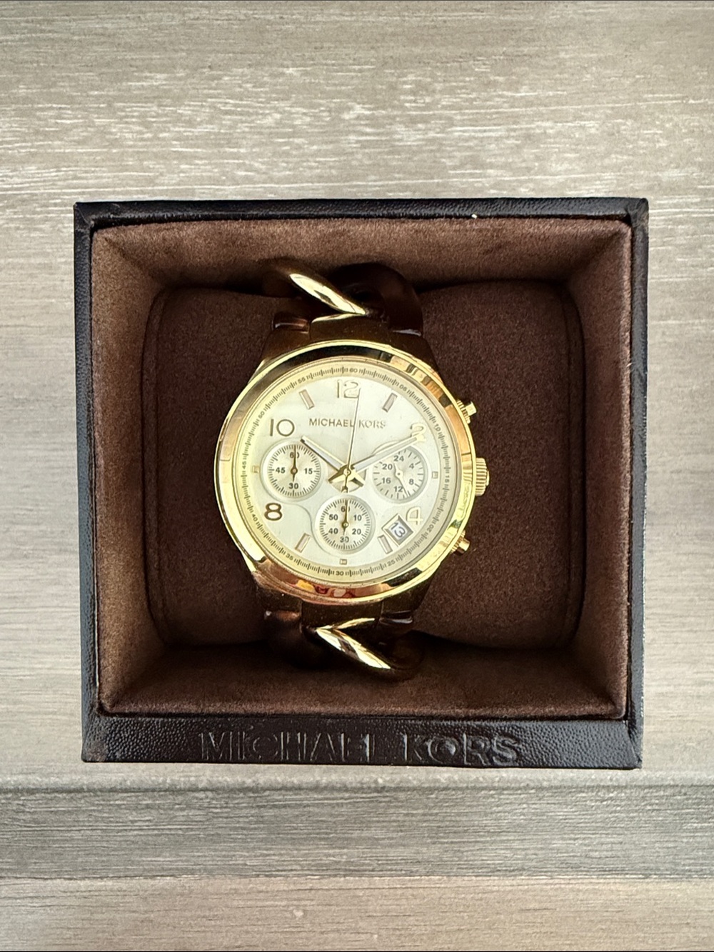 Michael Kors Gold and Brown Men’s Chain-Link Chronograph Watch